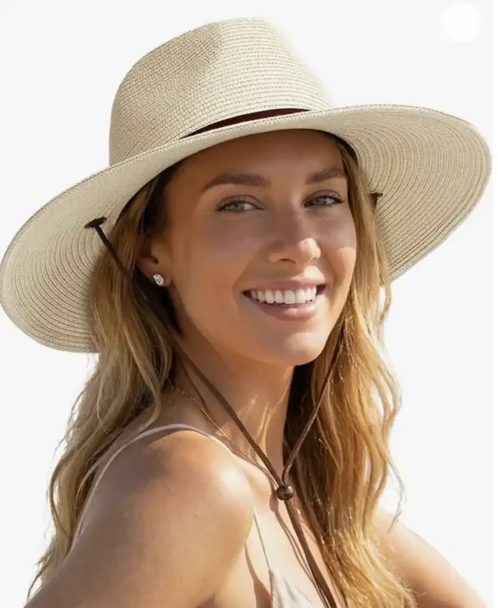 FURTALK Womens Summer Straw Sun Hats Wide Brim Panama Fedora Beach Hat with Wind Lanyard UPF 80+ - Image 1