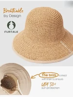 FURTALK Summer Straw Beach Sun Hats for Women UPF 50 Floppy Wide Brim Travel Bucket Hat Foldable Packable - Image 4