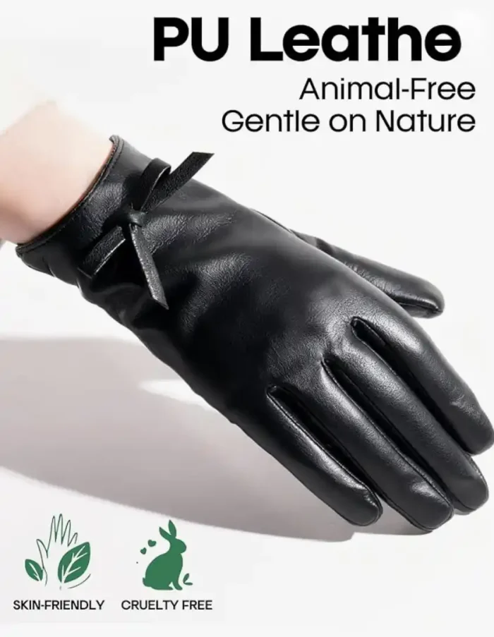 FURTALK Winter PU Leather Gloves for Women with Bow-Accent Cold Weather Touchscreen Driving Warm Fleece Lined - Image 2
