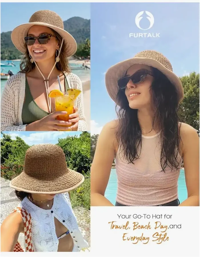 FURTALK Summer Straw Beach Sun Hats for Women UPF 50 Floppy Wide Brim Travel Bucket Hat Foldable Packable - Image 2