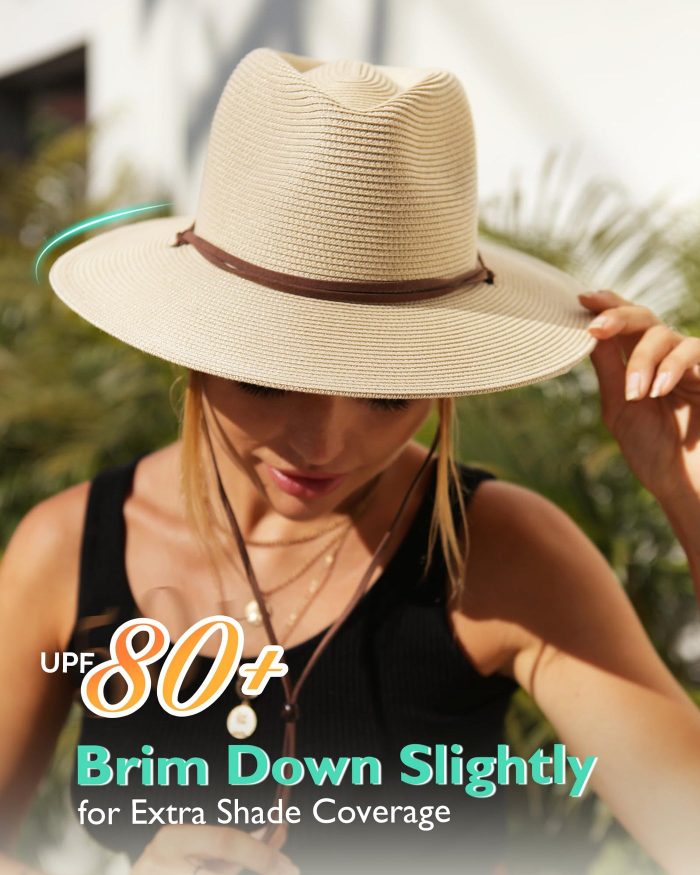 FURTALK Womens Summer Straw Sun Hats Wide Brim Panama Fedora Beach Hat with Bowknot Wind Lanyard UPF 80+ - Image 1