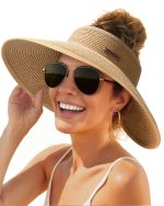 FURTALK Sun Hats for Women Wide Brim Beach Hat Straw Visor Ponytail Summer UV Packable Foldable Beach Vacation Essentials