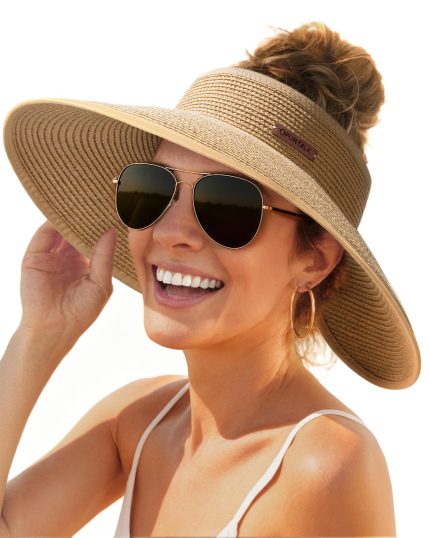FURTALK Sun Hats for Women Wide Brim Beach Hat Straw Visor Ponytail Summer UV Packable Foldable Beach Vacation Essentials