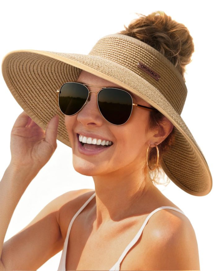 FURTALK Sun Hats for Women Wide Brim Beach Hat Straw Visor Ponytail Summer UV Packable Foldable Beach Vacation Essentials - Image 1