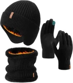 FURTALK Mens Winter Knit Beanie with Earflap Neck Warmer and Gloves Set Warm Fleece Lined Skull Cap