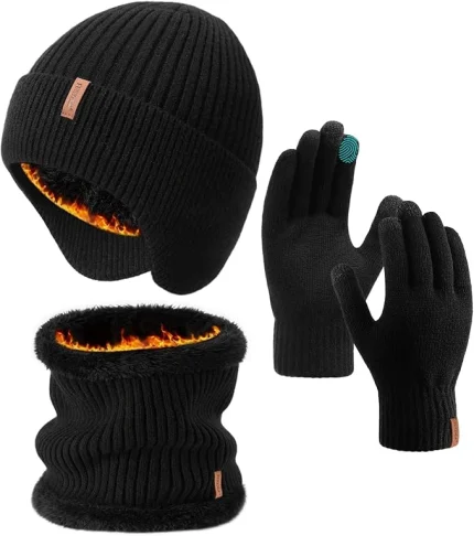 FURTALK Mens Winter Knit Beanie with Earflap Neck Warmer and Gloves Set Warm Fleece Lined Skull Cap