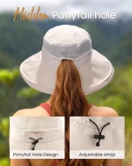 FURTALK Wide Brim Sun Hat with Ponytail Hole for Women UPF 80+ UV Protection Packable Bucket Hiking Travel Outdoor Hat - Image 2