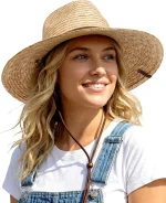 FURTALK Wheat Straw Sun Hat Summer Wide Brim Panama Fedora Beach Hat with Wind Lanyard, UPF 80+ Sun Protection