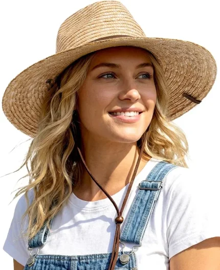 FURTALK Wheat Straw Sun Hat Summer Wide Brim Panama Fedora Beach Hat with Wind Lanyard, UPF 80+ Sun Protection