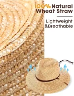 FURTALK Wheat Straw Sun Hat Summer Wide Brim Panama Fedora Beach Hat with Wind Lanyard, UPF 80+ Sun Protection - Image 2