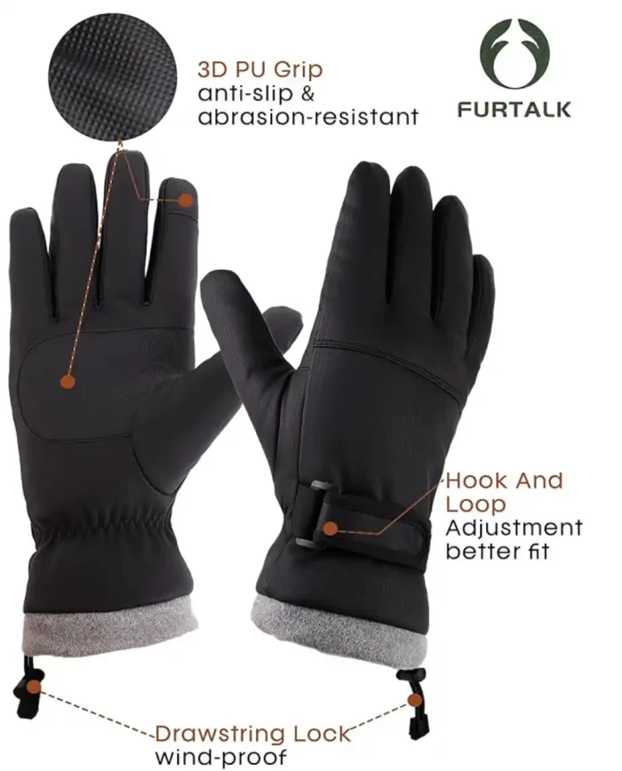 FURTALK Winter Gloves for Men Women Adjustable Wrist Windproof Water-Resistant Cold Weather Full Touchscreen Ski Snow Fleece Lined - Image 2