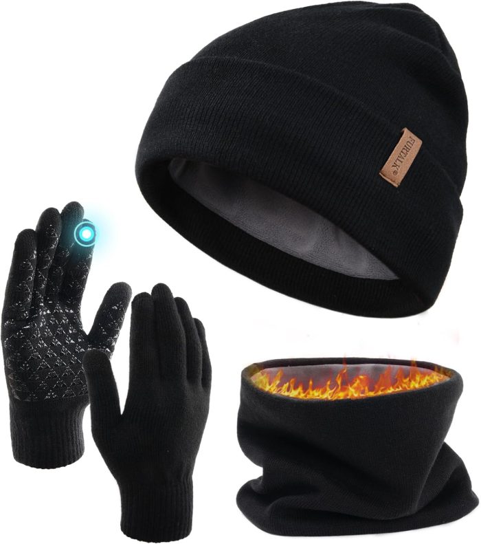 FURTALK Winter Knit Beanie Hat Scarf Touch Screen Gloves Set 3 Pieces Warm Fleece Lined Gift Set - Image 1